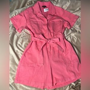 New Cotton Twill Notch Collar Short Sleeve Button Front Belted Romper Size -M